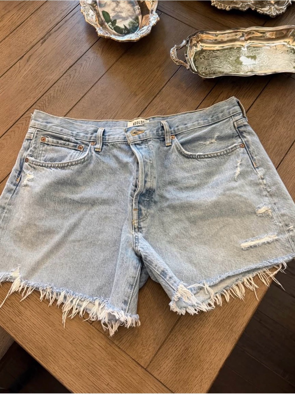 Agolde Parker Light Blue Distressed Denim Cutoff Shorts